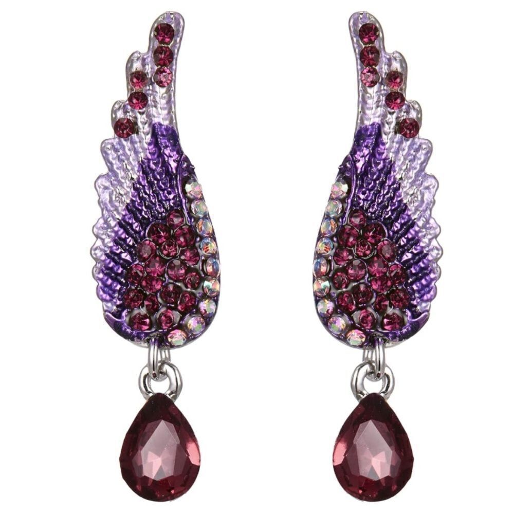 Silver with Purple Amethyst and AB Crystal Angel Wing Enamel Drop Post Earrings